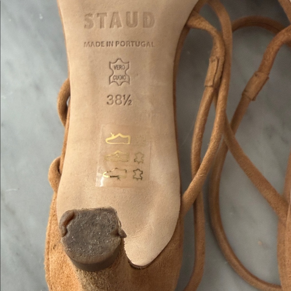 STAUD Tan Suede Strappy Heeled Sandals Rhinestone laurel Crystal heel size 38.5 - Picture 7 of 16